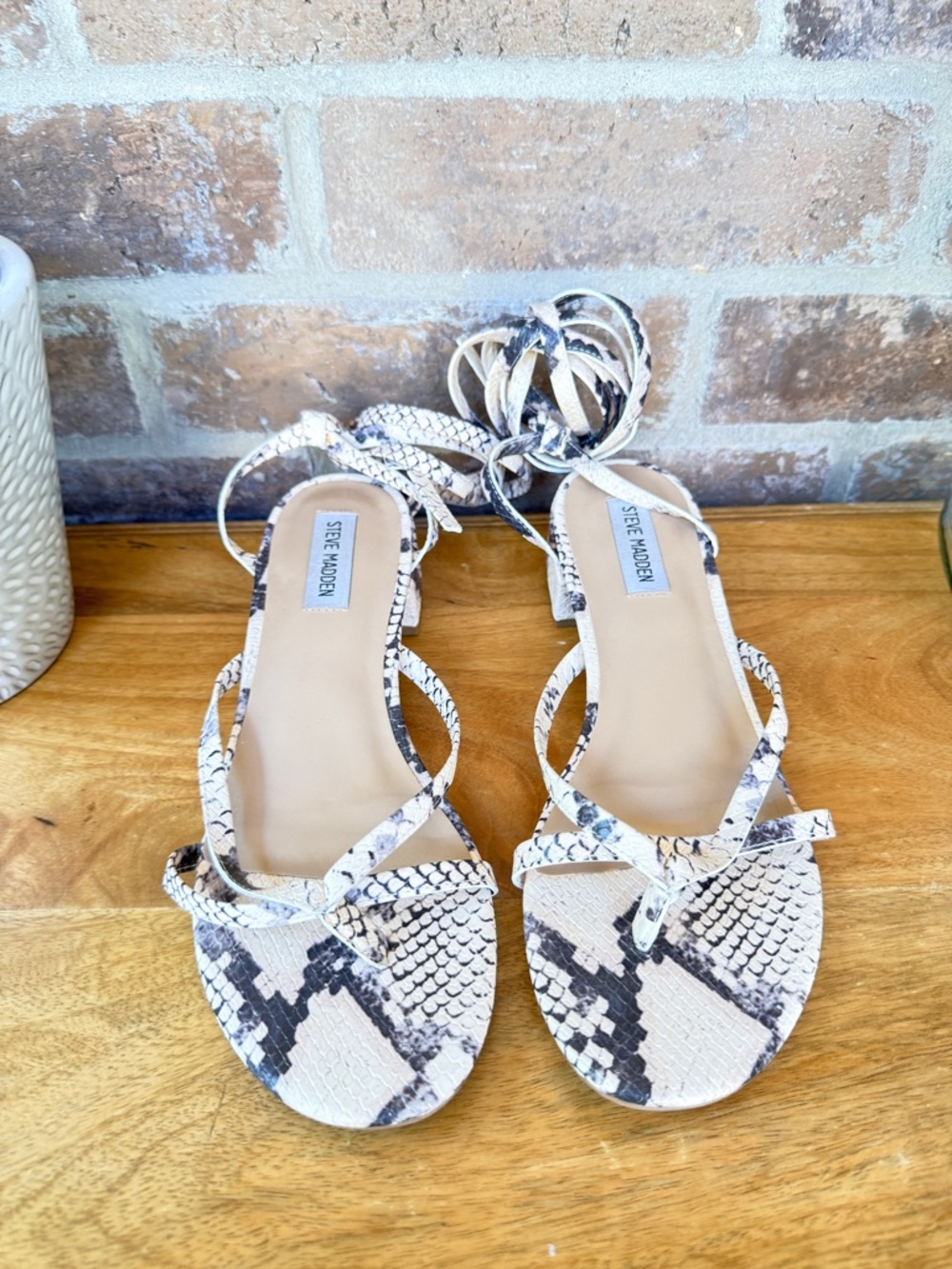 Steve Madden Snake-Print Lace-Up Sandal in Neutral Taupe and Black